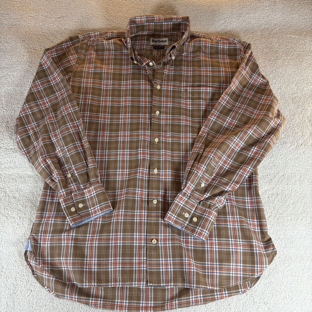 Barbour Shirt‎ Mens 2XL Brown Tartan Plaid Button Up Long Sleeve Regular Fit
